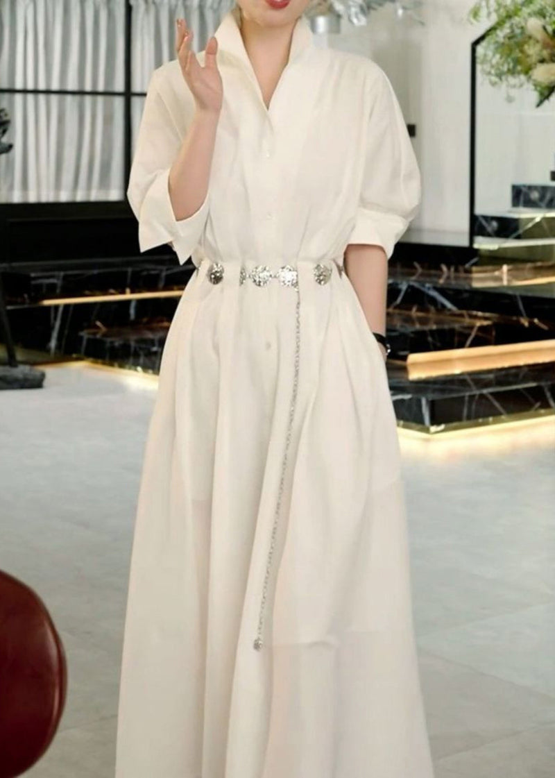 Boutique White Stand Collar Sashes a Line Dress Half Sleeve