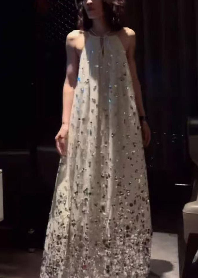 French Halter Sequins Line Maxi Spaghetti Strap Dress Sleeveless