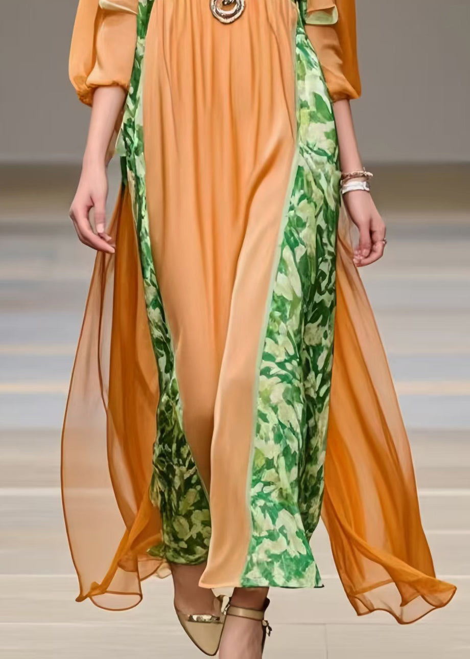 Orange U Neck Patchwork Chiffon Robe Dresses Bracelet Sleeve