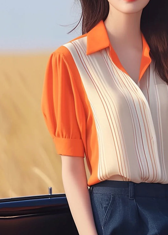 Orange Peter Pan Collar Patchwork Chiffon Shirt Summer