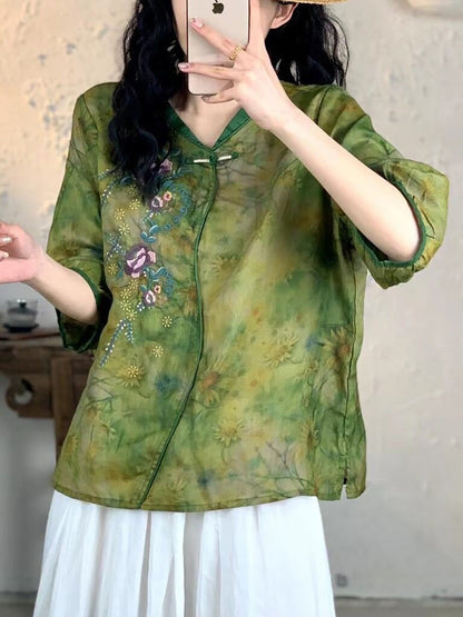 Summer Embroidery Ramie Shirt