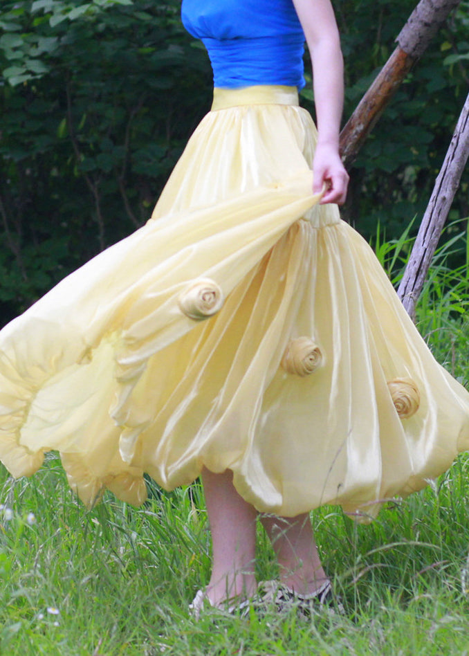 Yellow Zippered Silk Skirts High Waist Summer