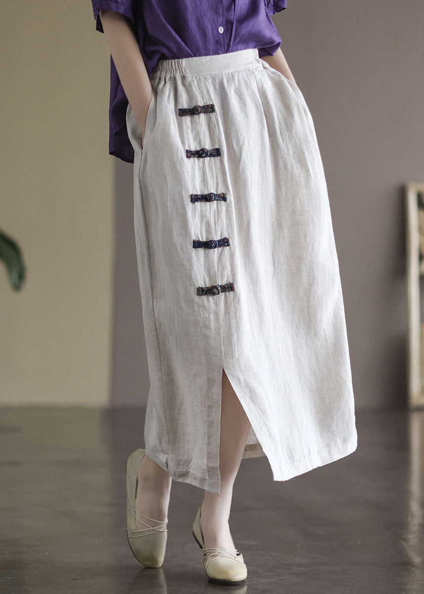 White Pockets Linen a Line Skirts High Waist Oriental Button Summer