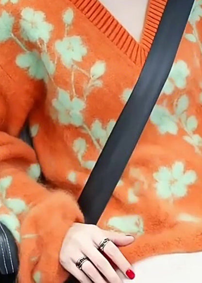 Orange V Neck Jacquard Knitted Short Sweater Winter