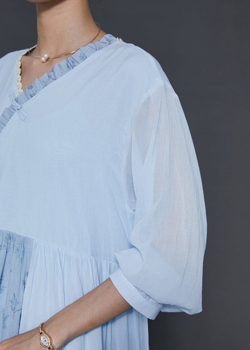 Art Sky Blue Asymmetrical Patchwork Cotton Oriental Dresses Summer
