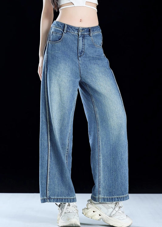 Blue Pockets Patchwork Denim Crop Pants Summer