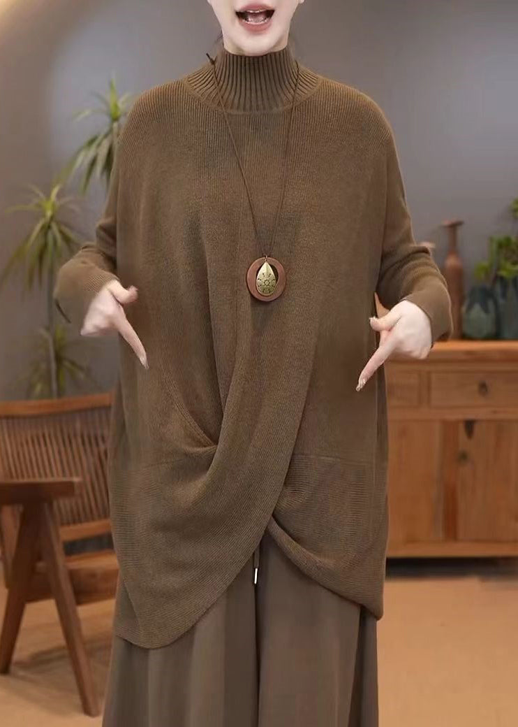 Simple Brown Turtleneck Knit Sweater Winter