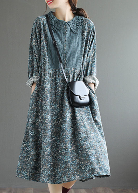 Blue Button Print Fall Dress Long Sleeve