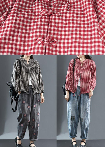 Red Plaid Tie Waist Patchwork Fall Trench Long Sleeve