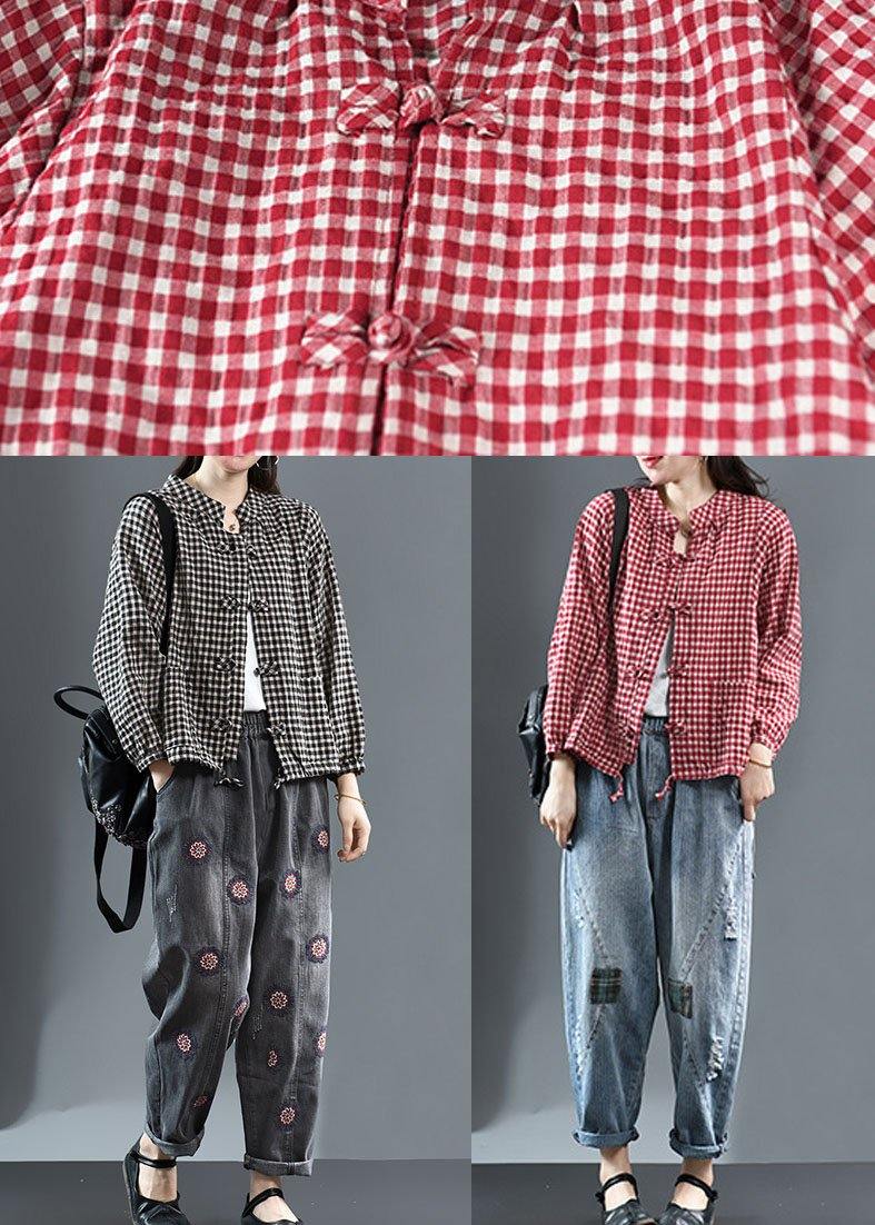Red Plaid Tie Waist Patchwork Fall Trench Long Sleeve