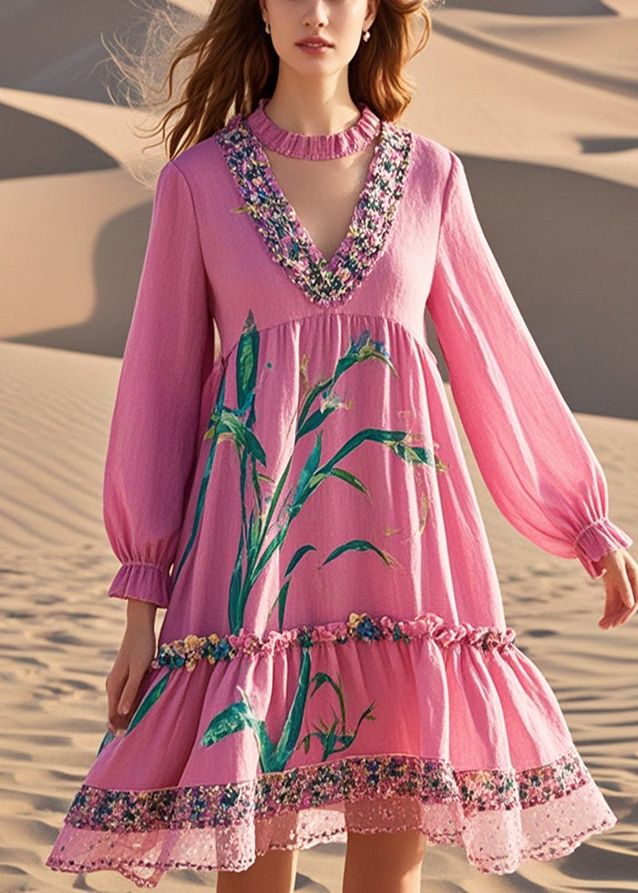 Pink V Neck Patchwork Print Cotton Day Dress Fall