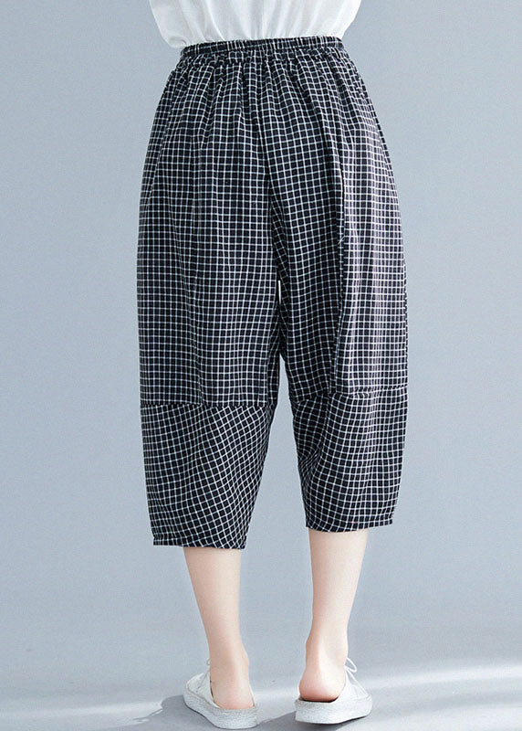 Black Plaid Elastic Waist Pockets Cotton Crop Pants Trousers Summer