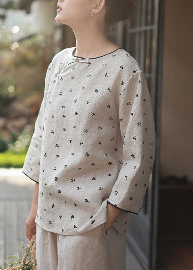 New O Neck Print Chinese Button Linen Blouses Spring