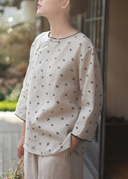 New O Neck Print Chinese Button Linen Blouses Spring