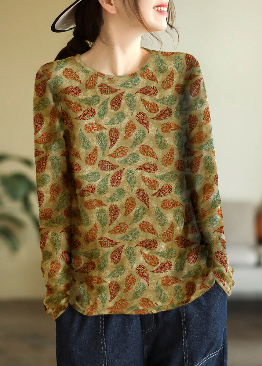 Beige O-neck Print Cotton Knitted Top Long Sleeve