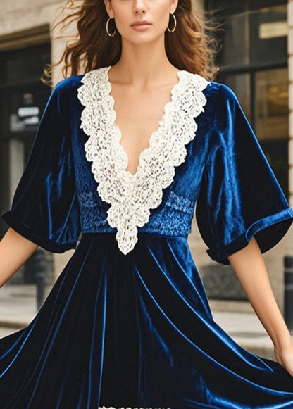 Navy Asymmetrical Patchwork Silk Velvet Dresses Summer
