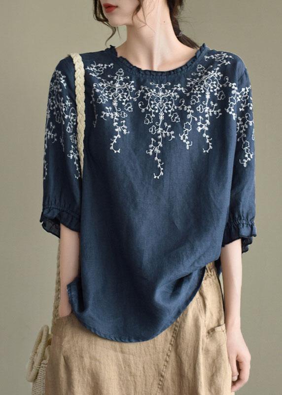 Handmade Navy Lantern Sleeve O-neck Embroidered Summer Ramie Blouses