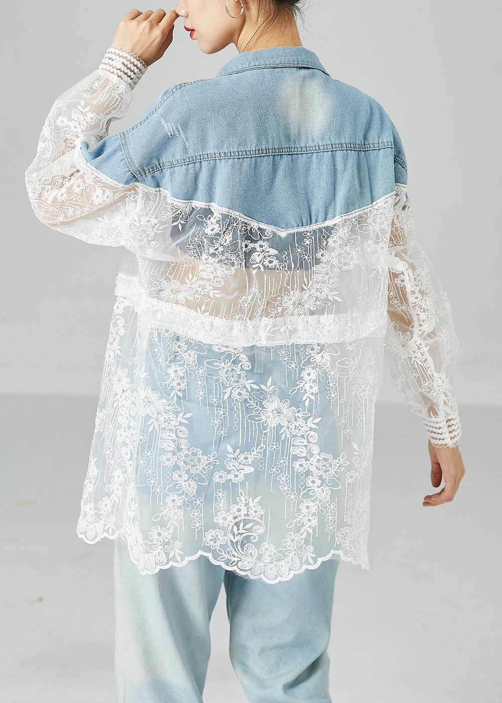 Classy Colorblock Embroidered Patchwork Hollow Out Denim Coat Outwear Summer