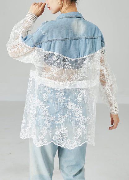 Classy Colorblock Embroidered Patchwork Hollow Out Denim Coat Outwear Summer