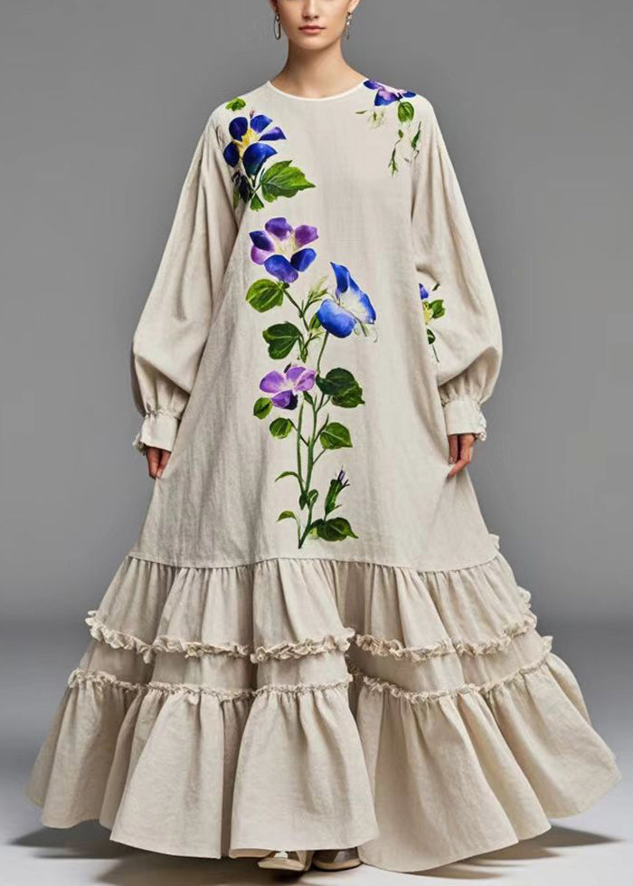 Beige Ruffled Print Cotton Holiday Dress Fall