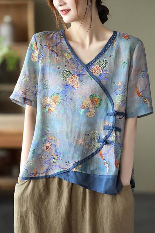 Stitching Print V Neck Short Sleeve T-shirt