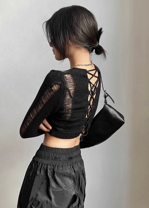 Black O-neck Tie Waist Hollow Out Knit Tops Long Sleeve