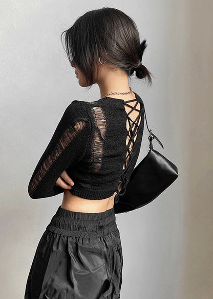 Black O-neck Tie Waist Hollow Out Knit Tops Long Sleeve