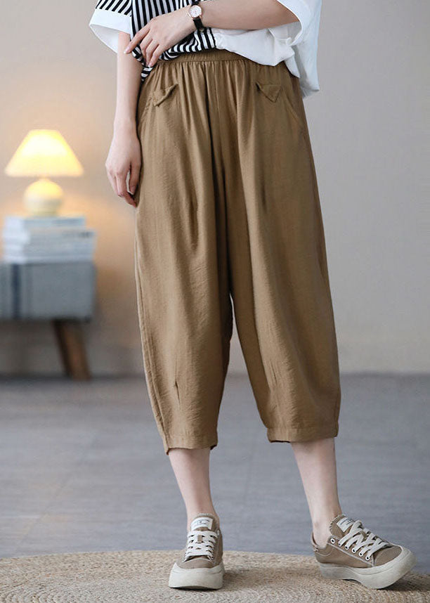 Khaki Elastic Waist Color Pockets Cotton Harem Pants Summer