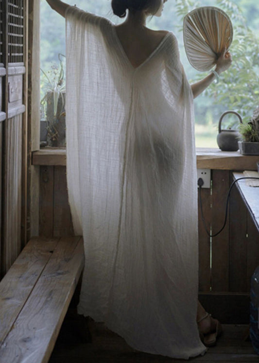 White V Neck Lace Up Cotton Maxi Dresses Summer
