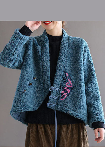 Unique Blue Button V Neck Embroidered Faux Fur Coats Spring