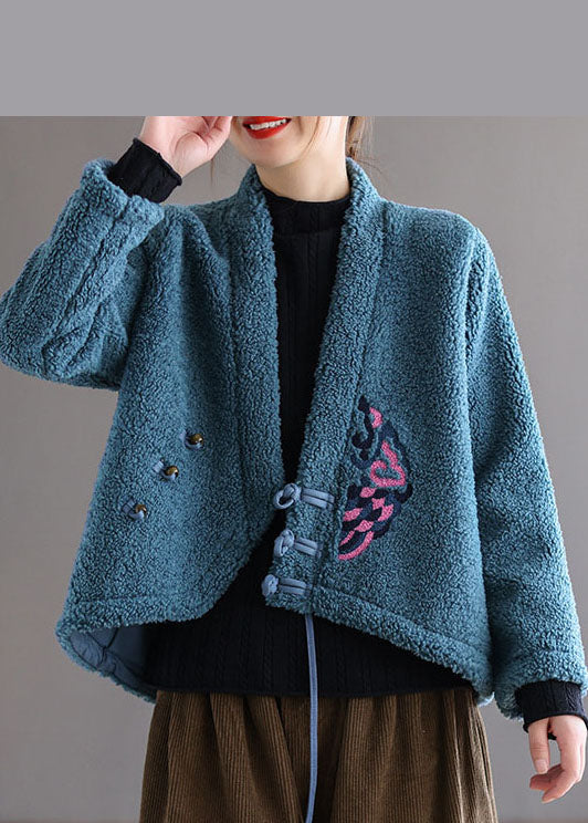 Unique Blue Button V Neck Embroidered Faux Fur Coats Spring