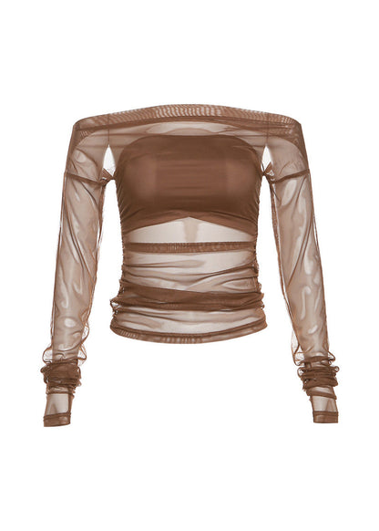Brown Tulle Hollow One Line Neck Long Sleeved T Shirt Top