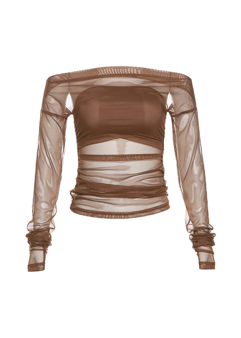 Brown Tulle Hollow One Line Neck Long Sleeved T Shirt Top
