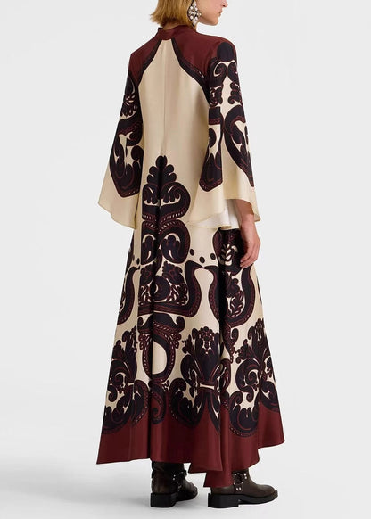 French V Neck Print Lace Up Cotton Long Dress Flare Sleeve