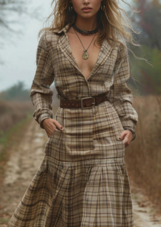 V Neck Plaid Patchwork Cotton Maxi Dress Spring