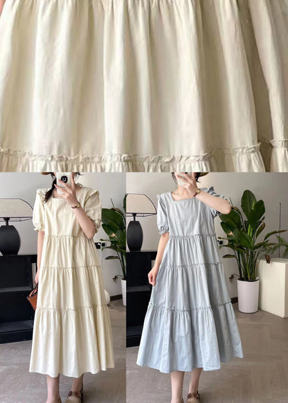 Apricot Square Collar Long Dress Short Sleeve