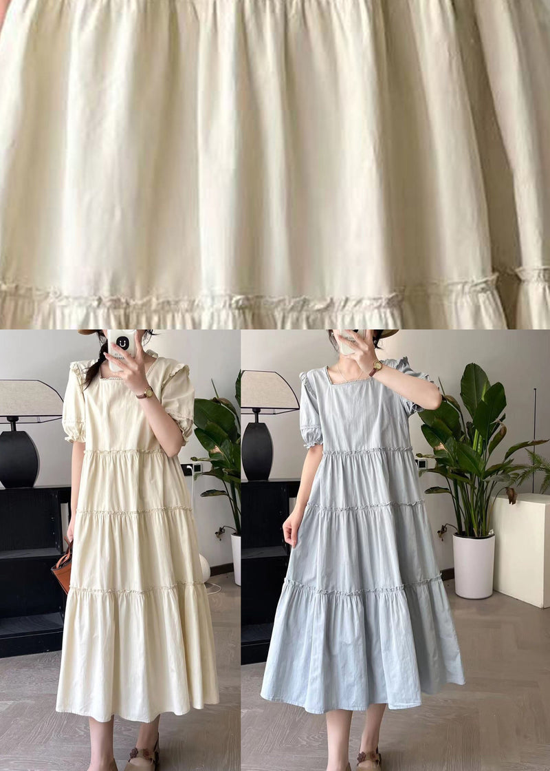Apricot Square Collar Long Dress Short Sleeve