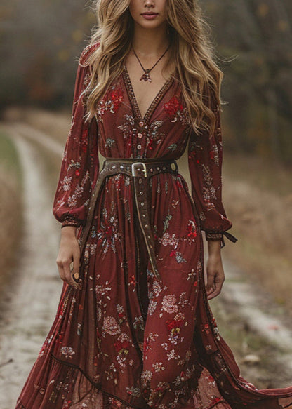 Mulberry V Neck Print Chiffon Long Dress Fall