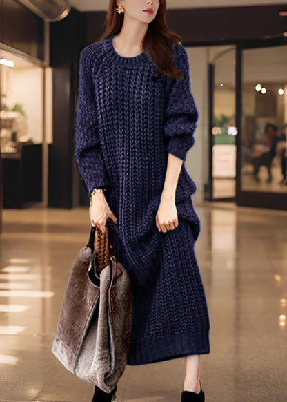 Natural Navy O-neck Patchwork Cozy Cotton Knit Long Dress Winter