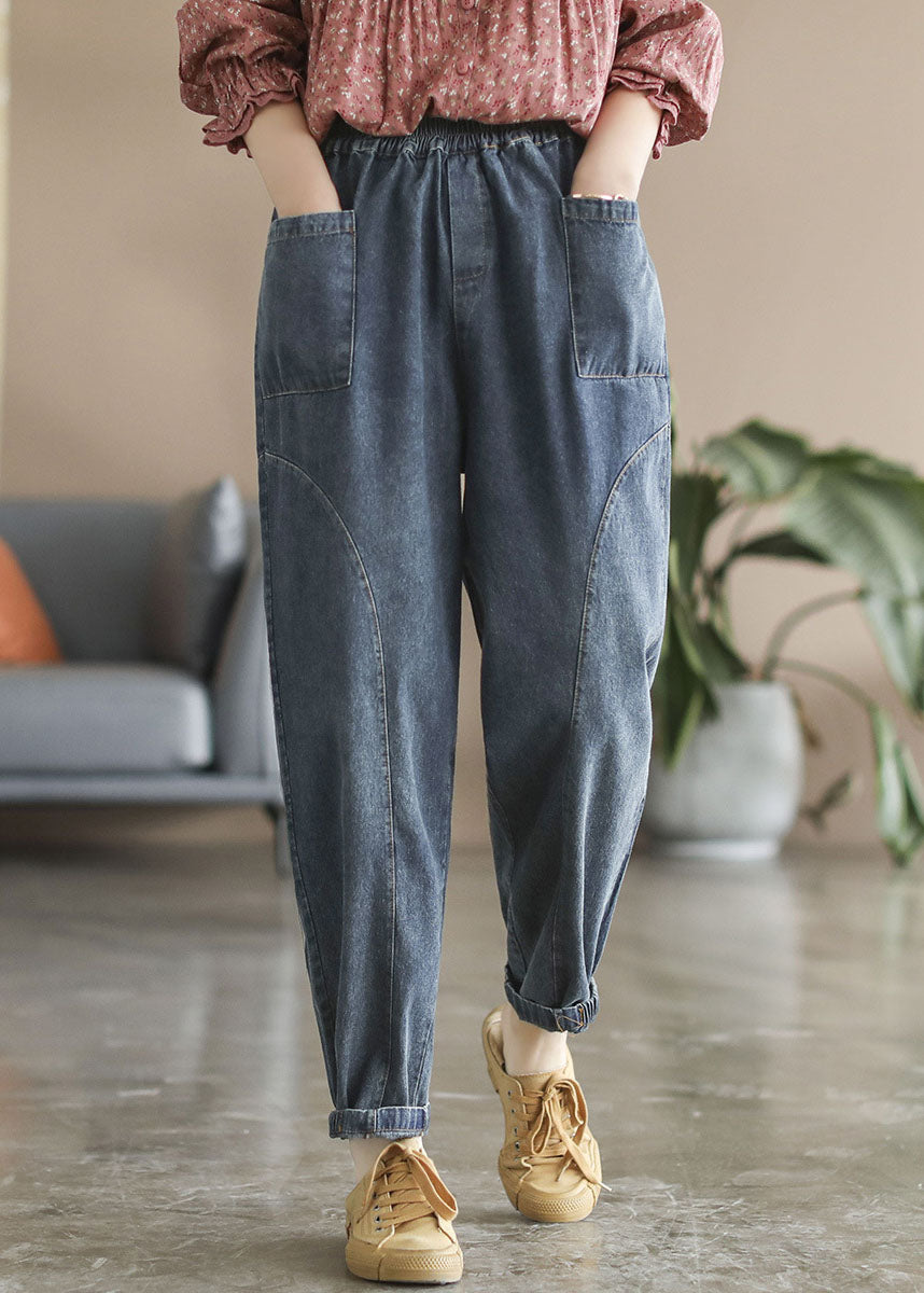 Style Blue Elastic Waist Pockets Cotton Denim Harem Pants Spring