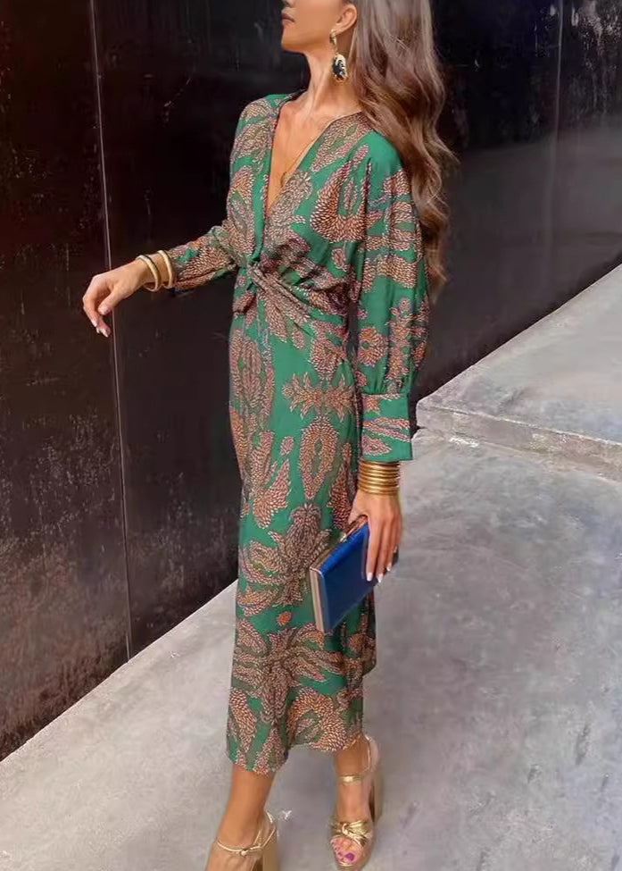 Classy Green V Neck Print Cotton Long Dresses Fall