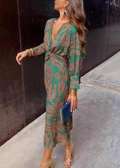 Classy Green V Neck Print Cotton Long Dresses Fall