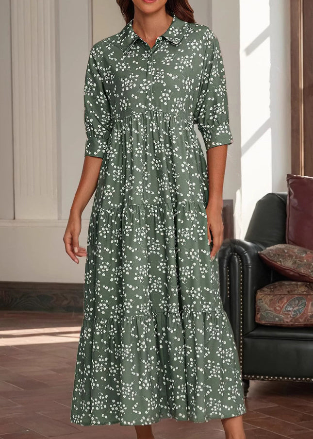 Red Peter Pan Collar Print Cotton Long Dress Half Sleeve