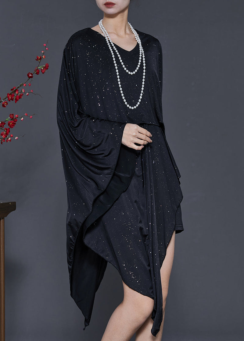 Black Sequins Asymmetrical Design Silk Dress Summer