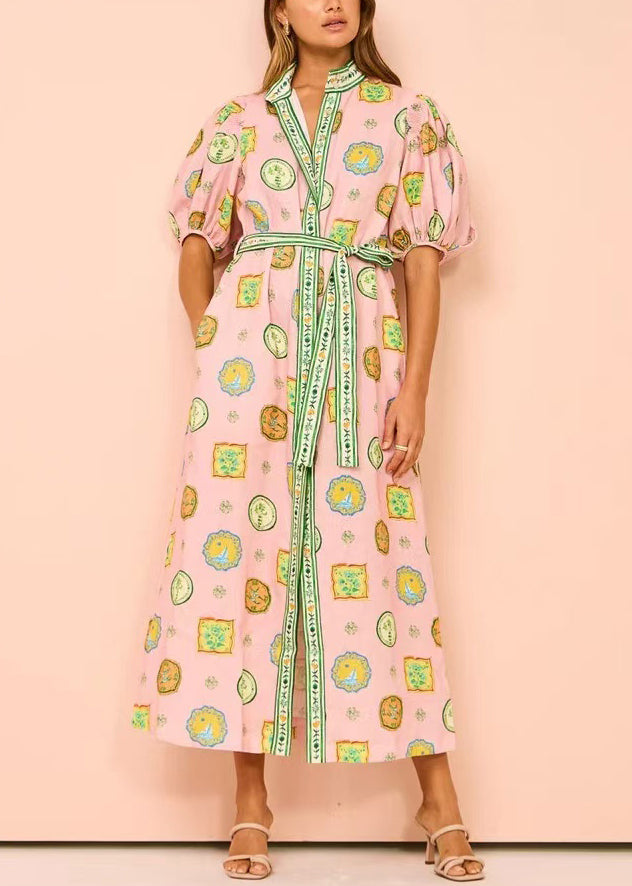 Pink Print Tie Waist Cotton Blouses Dresses Half Sleeve