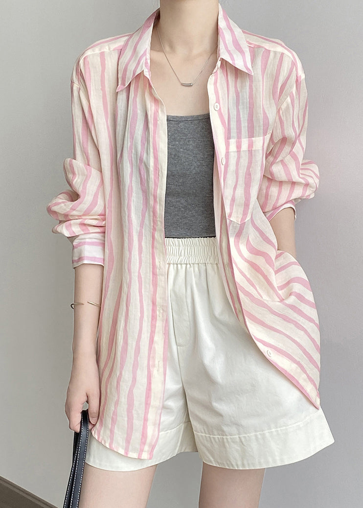 Pink Peter Pan Collar Striped Linen Shirt Tops Fall