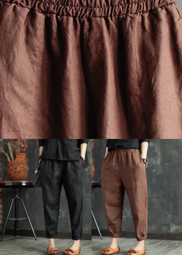 Retro Black Patchwork Pockets Linen Beam Pants Summer