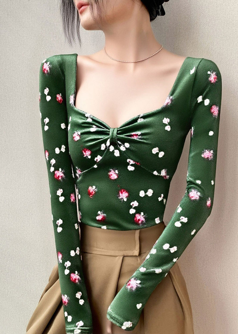 Slim Fit Green Square Collar Print Cotton T Shirts Tops Fall
