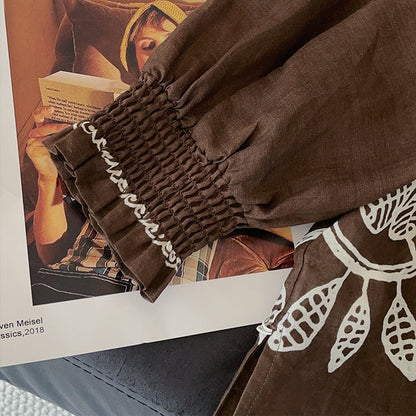 Coffee Embroidered Wrinkled Cotton Blouses Fall