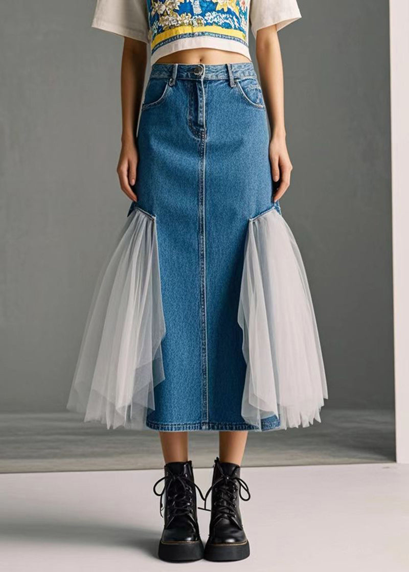Blue High Waist Patchwork Tulle Denim Wraped Skirts Spring